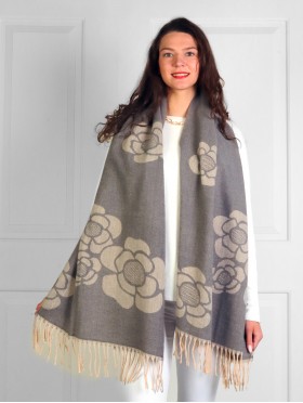 Cashmere Feeling Flower Scarf with Fringes